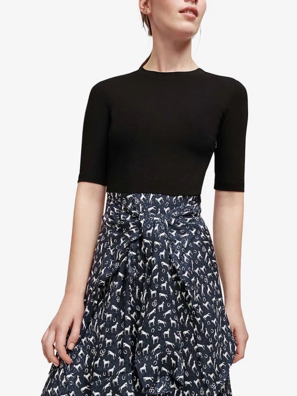 Maje Navy & Black Printed A-Line Skirt with Twist Waist